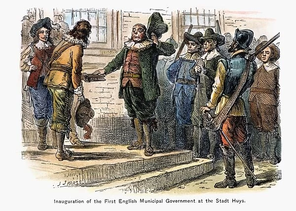 NEW AMSTERDAM, 1665. The inauguration of the first English municipal government in 1665 at the former Dutch Stadt Huys of Nieuw Amsterdam. Color engraving, 19th century