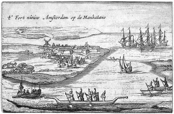 NEW AMSTERDAM, c1627. The Hartgers View, the earliest known view of the Dutch colony of New Amsterdam, on Manhattan, as it appeared c1627. Line engraving, 1651, from a Dutch book about North America