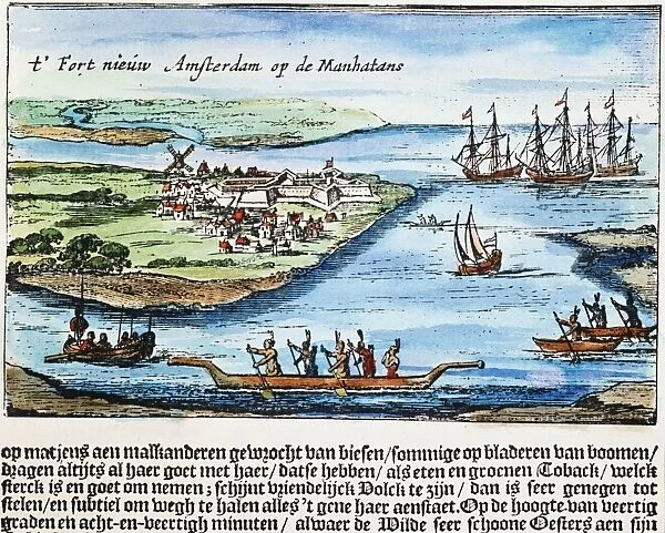 NEW AMSTERDAM. The Hartgers View, the earliest known view of New Amsterdam as it appeared c. 1626-1628. Line engraving, Dutch, 1651