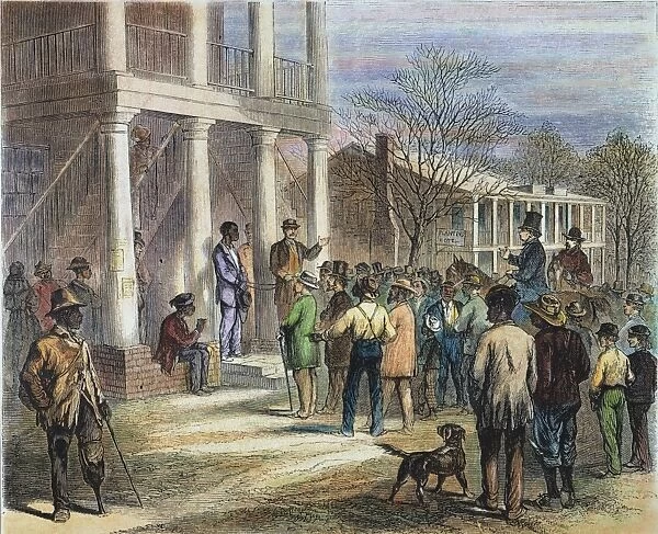 NEW BLACK CODE, 1867. Selling a freedman to pay his fine at Monticello, Florida under the New Black Code, whereby any man without visible means of support might be fined for vagrancy and, if the fine was not paid, his services sold to the highest bidder. Engraving, 1867