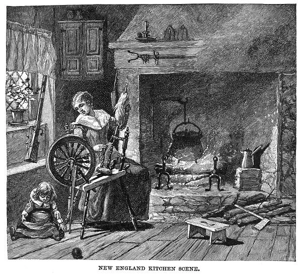NEW ENGLAND: FAMILY LIFE. An early 18th century New England kitchen scene. Wood engraving, American, 19th century