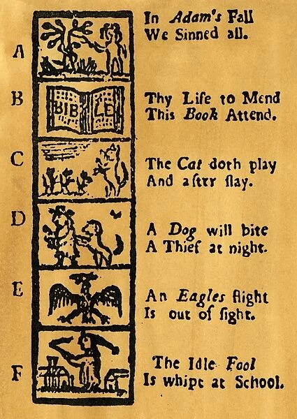 NEW ENGLAND PRIMER, 1727. A page of the rhymed alphabet from the earliest extant