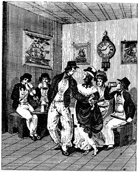 NEW ENGLAND: TAVERN, c1800. Scene in a tavern at a coastal town in Massachusetts. Line engraving, c1800