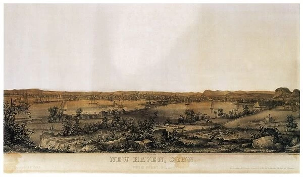 NEW HAVEN, 1849. New Haven, Connecticut, viewed from Ferry Hill. Lithograph, 1849