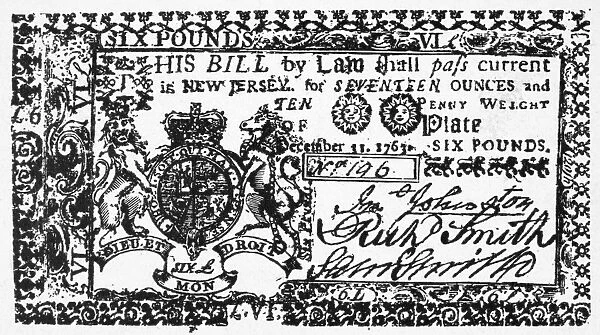 NEW JERSEY BANKNOTE, 1763. Six pound paper bill
