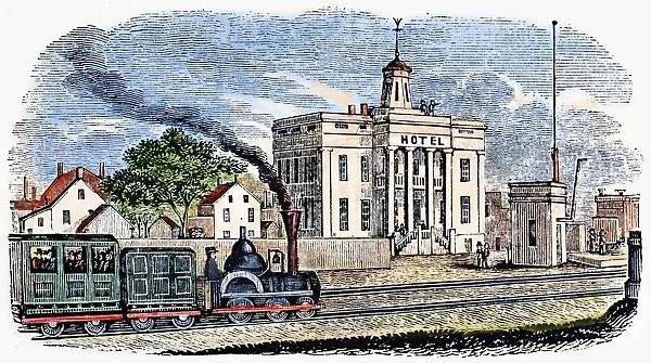 NEW JERSEY: RAHWAY, 1844. Train running through the central part of Rahway, New Jersey. Wood engraving, American, 1844