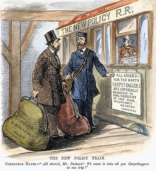 The New Policy Train: After the withdrawal of Federal troops from the South, President Hayes conducts a carpetbagger to a train heading north: cartoon from an American newspaper of 1877
