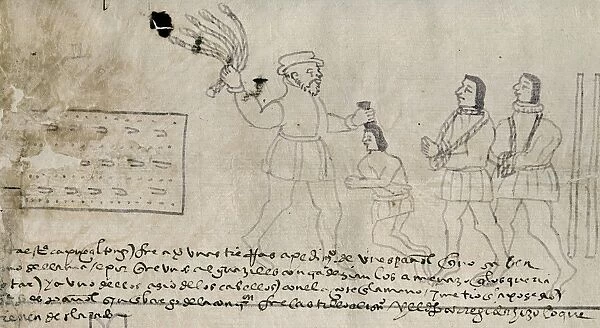 NEW SPAIN: PUNISHMENT. Spaniard with a whip lashes native prisoners in Mexico. Drawing