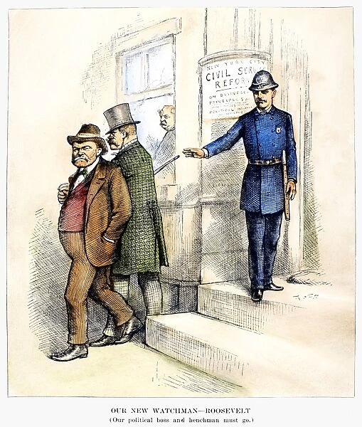 Our New Watchman, Roosevelt. American cartoon by Thomas Nast, 1884, showing Theodore Roosevelt, then a member of the New York State Legislature, using his Civil Service Reform Bill to remove the corrupt leadership of Tammany Hall, while Governor Grover Cleveland (behind window) looks on approvingly