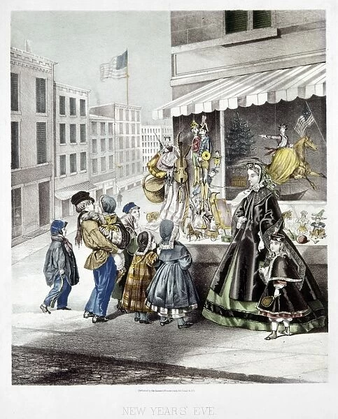NEW YEARs EVE, 1865. New Years Eve in New York City. Lithograph by Fuchs, published by Kimmel