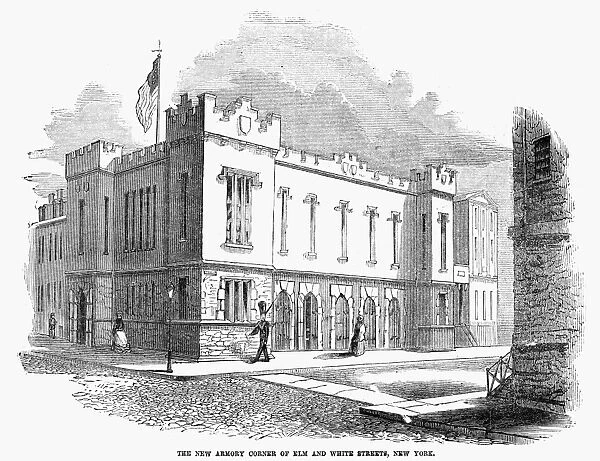 NEW YORK: ARMORY, c1852. Armory at the corner of Elm Street and White Street in New York City. Wood engraving, c1852