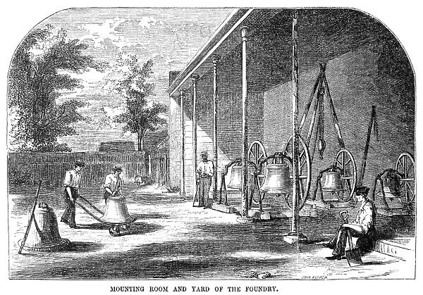 NEW YORK: BELL FOUNDRY. The mounting room and yard at Meneelys Bell Foundry in Troy, New York