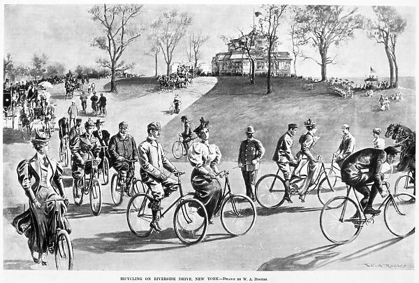 NEW YORK: BICYCLING, 1895. Bicycling on Riverside Drive, New York City. Drawing, 1895, by W. A. Rogers