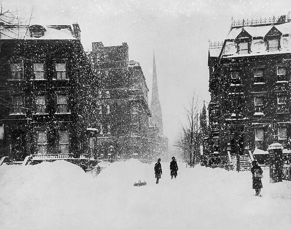 NEW YORK: BLIZZARD OF 1888. Looking north along lower Fifth Avenue from Washington Square