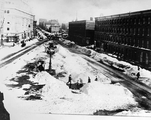 NEW YORK: BLIZZARD OF 1888. Times Square cleaned up after the blizzard of 12-14