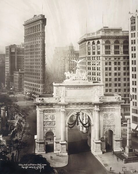 NEW YORK, c1919. Birds eye view of Victory Arch and Flatiron building, New York City