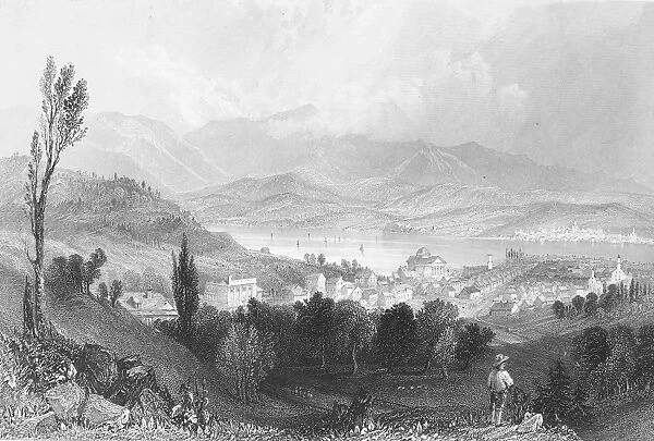 NEW YORK: CATSKILLS, 1839. View of Hudson City and the Catskill Mountains of New York. Steel engraving, 1839, after William Henry Bartlett