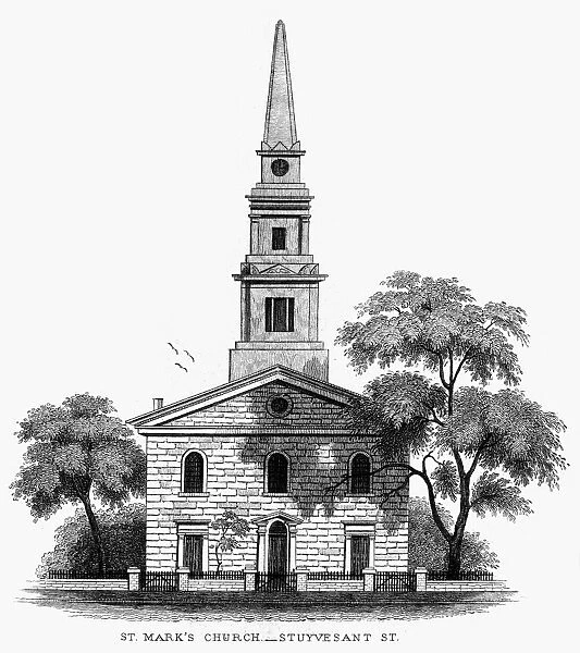 NEW YORK: CHURCH. St. Marks Church in-the-Bowery, located at the corner of 10th and Stuyvesant Streets, New York. Wood engraving, c1850