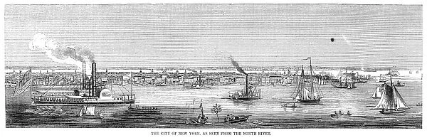 NEW YORK CITY, 1853. View of New York City from the Hudson River. Wood engraving