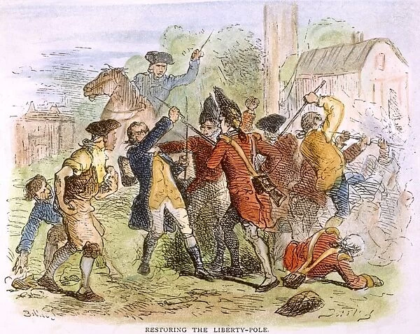 NEW YORK: COLONIAL RIOT. A fracas between New Yorkers and British soldiers in 1766. The Americans had restored a Liberty Pole cut down by the redcoats. Wood engraving, 19th century, after Felix O. C. Darley