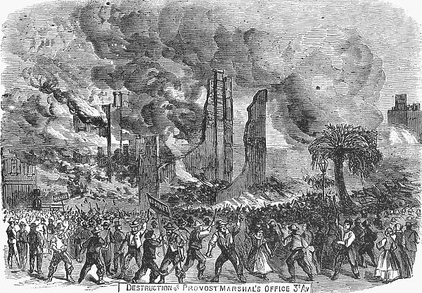 NEW YORK: DRAFT RIOTS, 1863. Destruction of the Provost Marshals office on Third Avenue during the New York City Draft Riots of 13-16 July 1863. Contemporary American wood engraving