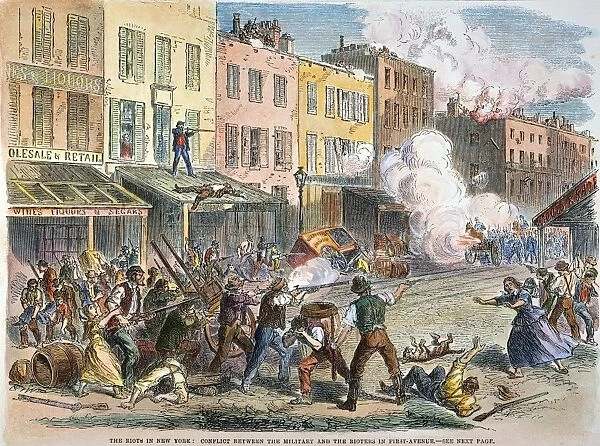 NEW YORK: DRAFT RIOTS 1863. First Avenue under siege during the New York City Draft Riots of 13-16 July 1863: engraving from a contemporary newspaper account