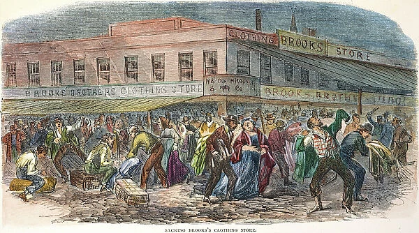 NEW YORK: DRAFT RIOTS 1863. The mob sacking Brooks Brothers clothing store during the New York City Draft Riots of 13-16 July 1863. Contemporary American wood engraving
