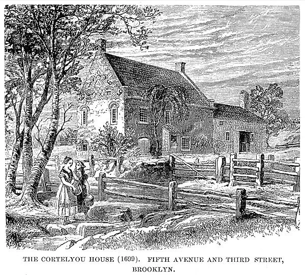 NEW YORK: DUTCH HOUSE. The Cortelyou House, 1699, at what is now the corner of Fifth Avenue and Third Street, Brooklyn, New York. Wood engraving, 19th century