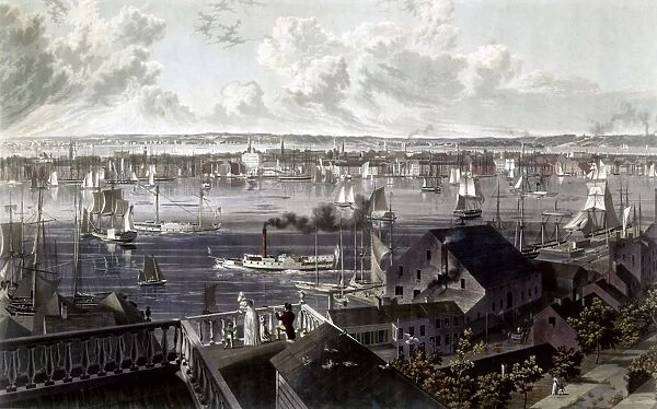 NEW YORK: EAST RIVER, 1837. New York from Brooklyn Heights. Aquatint by J. W. Hill