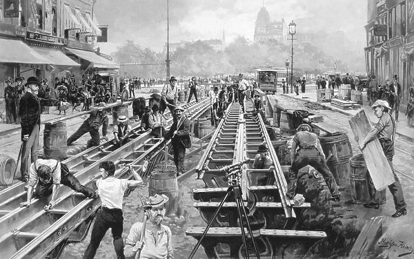 NEW YORK: EL TRAIN, c1878. Construction of the elevated railroad on Broadway, New York, c1878