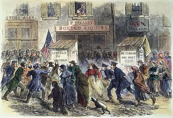 NEW YORK: ELECTION, 1864. A Lincoln and a McClellan supporter coming to blows outside a polling place in a slum district of New York City ( Five Points ) on election day 8 November 1864. Contemporary color engraving