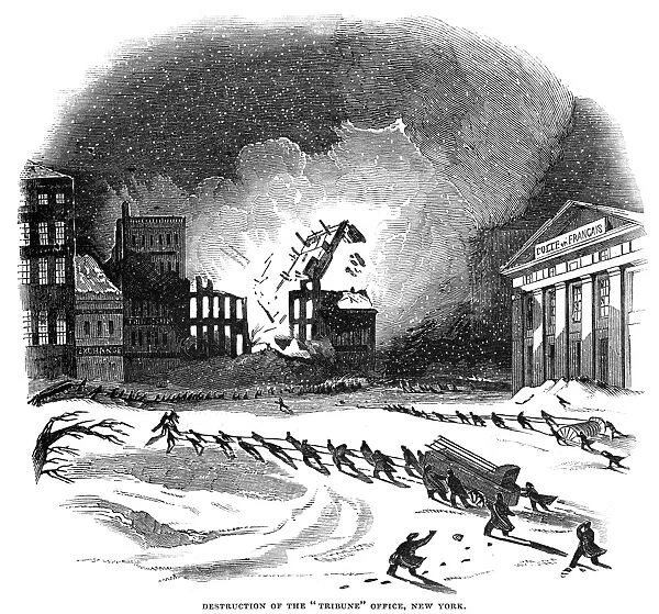 NEW YORK: FIRE, 1845. Firefighters dragging equipment through a blizzard to fight