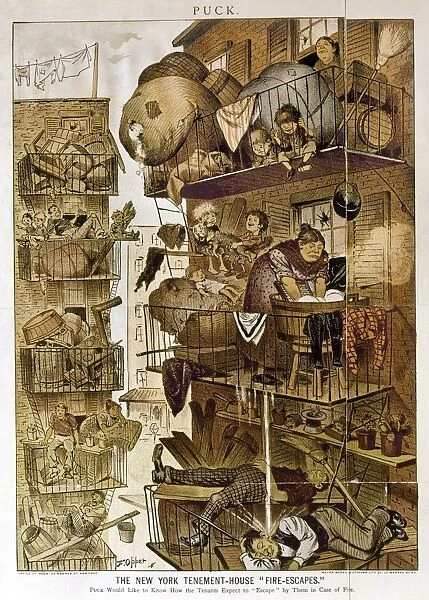 NEW YORK: FIRE ESCAPES. The New York Tenement House Fire-Escapes. Puck woud like to know how the tenants escape by them in case of fire. Lithograph cartoon by Frederick Burr Opper from Puck, c1890