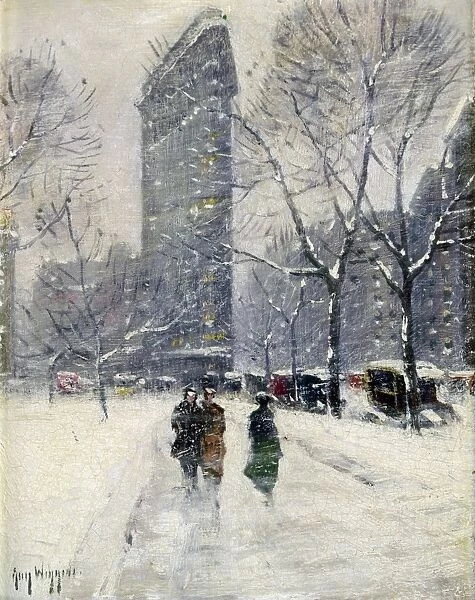 NEW YORK: FLATIRON, 1919. Madison Square (Flatiron Building). Oil painting by Guy Wiggins, 1919