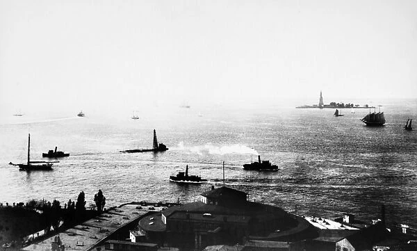 NEW YORK HARBOR, c1890. New York Harbor with Castle Garden in the foreground