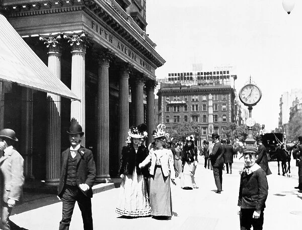 NEW YORK: HOTEL, 1896. Scene outside the Fifth Avenue Hotel in New York City, looking