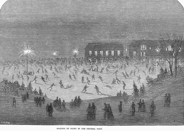 NEW YORK: ICE SKATING. Skating by night in Central Park, New York City. Line engraving, English, 1865