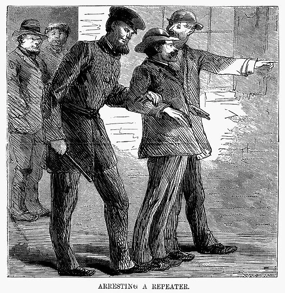 NEW YORK: ILLEGAL VOTER. Arresting a repeat voter in New York during the election of 1870. Wood engraving from a contemporary American newspaper