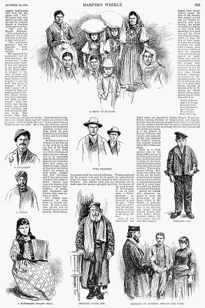 NEW YORK: IMMIGRANTS, 1891. Some of the more than 400, 000 immigrants processed in 1891 at the Barge Office at the Battery on the tip of Manhattan. Wood engravings from a contempoary American newspaper