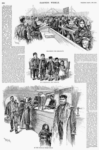 NEW YORK: IMMIGRANTS, 1891. Immigrants at the Barge Office at the Battery on the tip of Manhattan, where more than 400, 000 immigrants were processed in 1891. Wood engravings after Thure de Thulstrup from a contemporary American newspaper