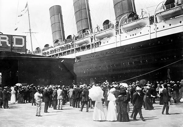 NEW YORK: LUSITANIA, 1907. The Cunard steamship Lusitania at the pier in New York City