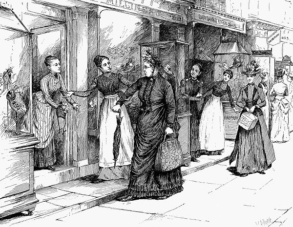 NEW YORK: MILLINER, 1889. Corralling a customer outside a millinery on Division