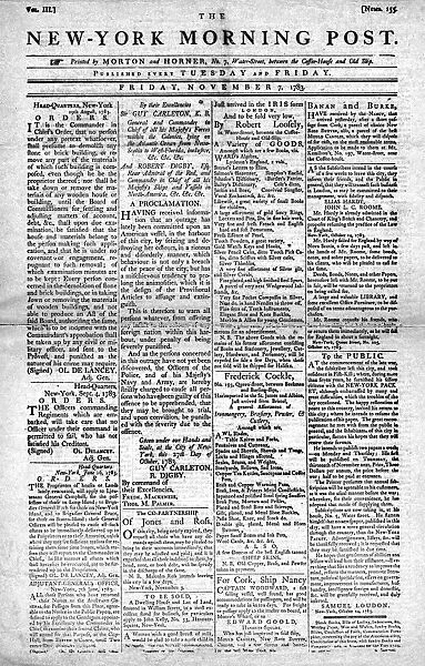 NEW YORK MORNING POST. Front page of the New York Morning Post, 7 November 1783