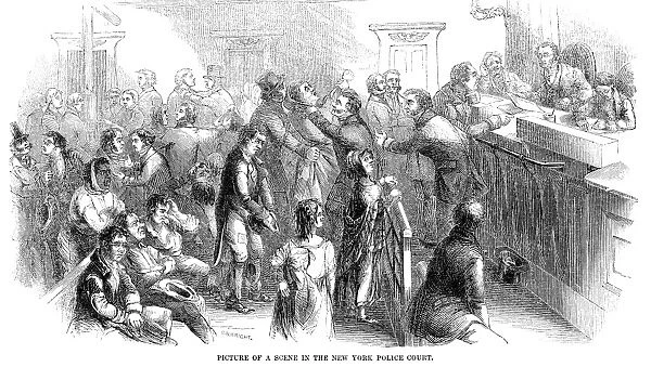 NEW YORK: POLICE COURT. A raucous scene in the New York Police Court. Wood engraving