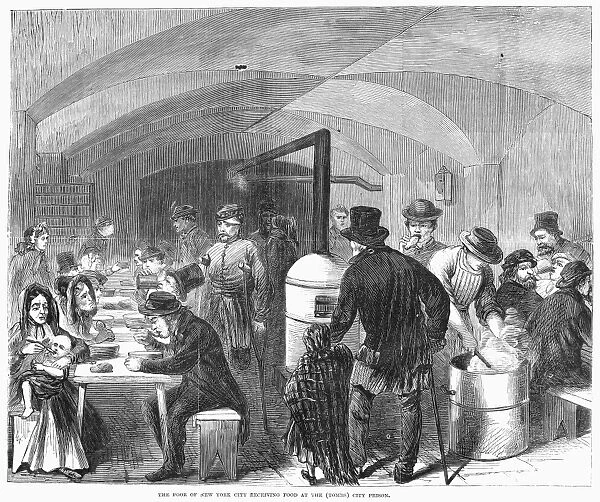 NEW YORK: POVERTY, 1868. The poor of New York City receiving food at the (Tombs) city prison. Wood engraving, American, 1868