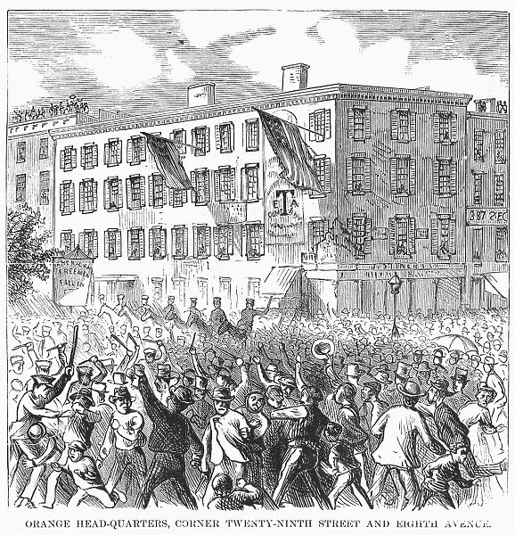 NEW YORK: RIOT, 1871. Orange Headquarters, a Protestant organization at Twenty-Ninth Street and Eighth Avenue, New York, during the Tammany Riots, 12 July 1871. Contemporary wood engraving