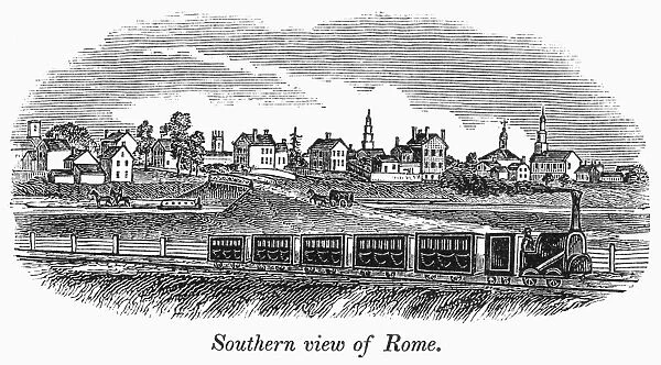 NEW YORK: ROME, 1842. Southern view of the town of Rome on the Erie Canal in upstate New York. Wood engraving, American, 1842