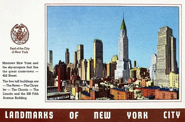 NEW YORK: SKYSCRAPERS. Looking west on the tall buildings along 42nd Street in New York. American postcard, c1940