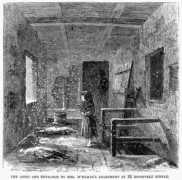 NEW YORK TENEMENT, 1867. The attic and entrance to Mrs. M Mahans apartment at 22 Roosevelt Street. Wood engraving, 1867