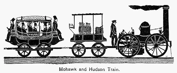 NEW YORK: TRAIN, 1831. Passenger train of the Mohawk and Hudson Railroad, which began service between Albany and Schenectady, New York, in 1831, hauled by the locomotive DeWitt Clinton. Wood engraving, American, late 19th century, after a contemporary drawing